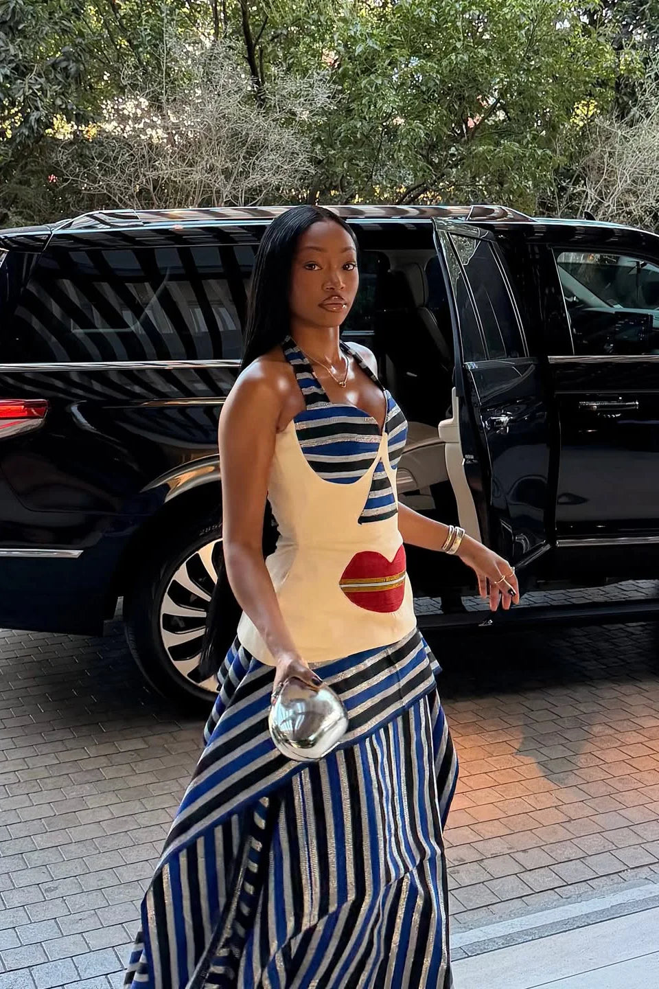 Abstract Face Motif Halter Bustier Top