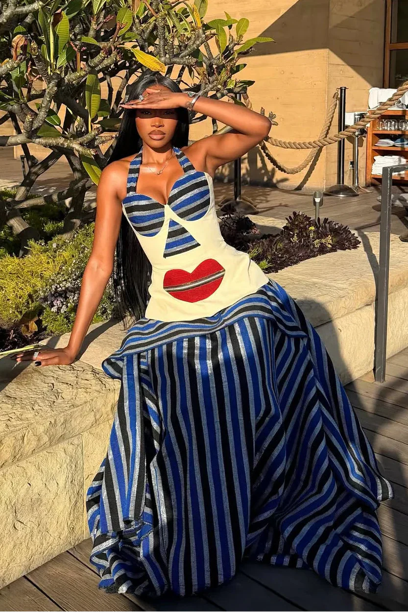 Abstract Face Motif Halter Bustier Top