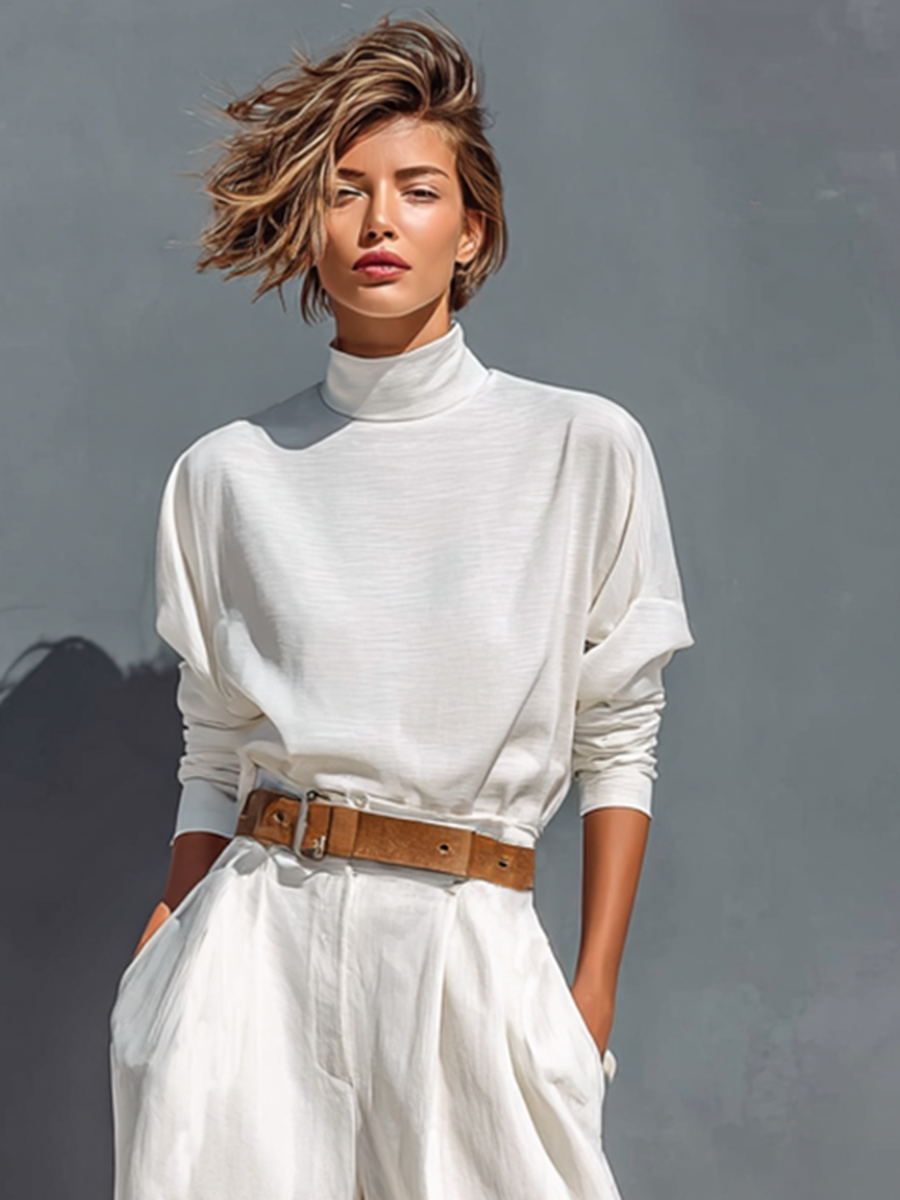 All White Half High Neck Long Sleeve Loose T-shirt Wide Legs Two-piece Set (Belt Not Included)
