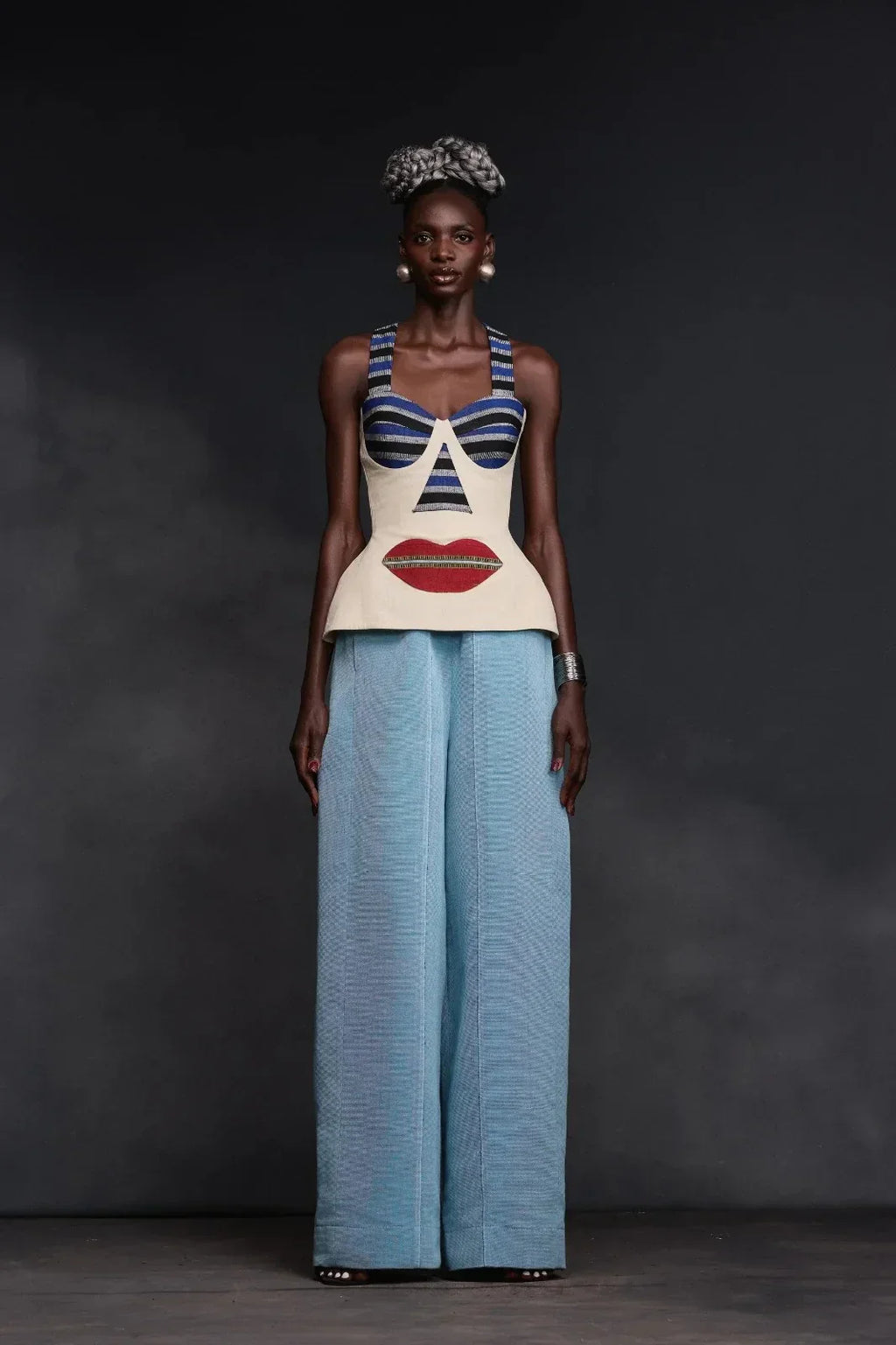 Abstract Face Motif Halter Bustier Top