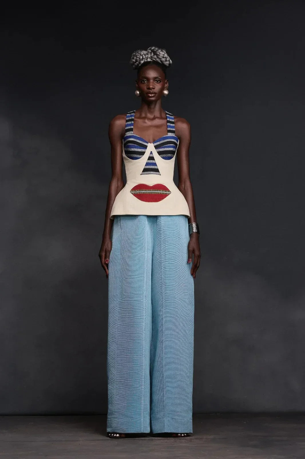 Abstract Face Motif Halter Bustier Top